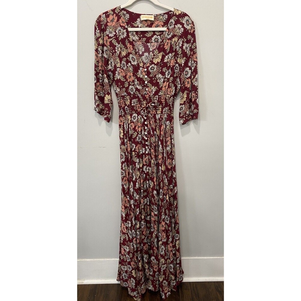 Let Them Eat Cake Maxi Dress W/Shorts 3/4 Sleeve Sz S Burgundy Floral Festival